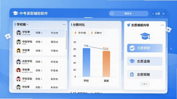 中考录取辅助软件主界面预览图,展示清晰的学校列表、分数对比图表和志愿填报向导,背景为简约的蓝色渐变,整体风格专业且友好