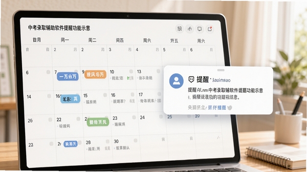 中考录取辅助软件提醒功能示意,日历视图上标注重要日期,弹出消息卡片展示提醒内容,背景柔和