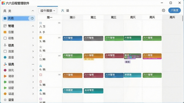 六六日程管理软件的分类管理功能截图,画面展示不同颜色的日程标签在周视图中的分布情况,左侧有分类筛选栏,右侧显示对应颜色的日程条,界面设计清爽,色彩区分度高,软件名称“六六日程管理软件”在顶部菜单栏可见,整体画面干净整洁,适合功能展示