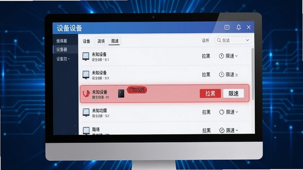 蹭网防护器设备扫描功能界面展示,画面中一台电脑屏幕上显示软件设备列表页面,列表中有多个设备条目,其中一台陌生设备被红色高亮标记并显示“未知设备”标签,旁边有“拉黑”和“限速”按钮,背景为深蓝色科技感光效,突出智能识别与安全防护的氛围,画面清晰专业