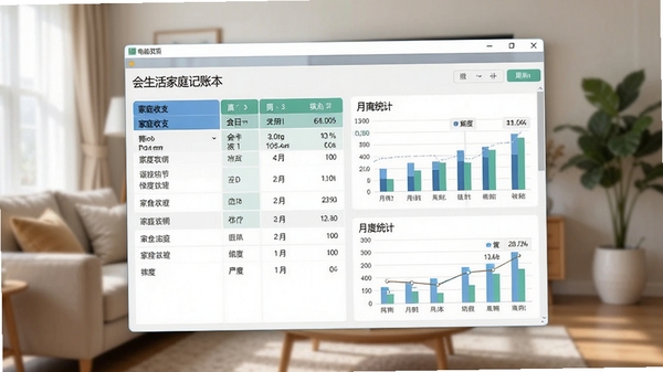 会生活家庭记账本电脑版主界面预览图,展示清晰的家庭收支分类列表和月度统计图表,背景为温馨明亮的客厅场景,软件窗口居中显示,风格写实清晰