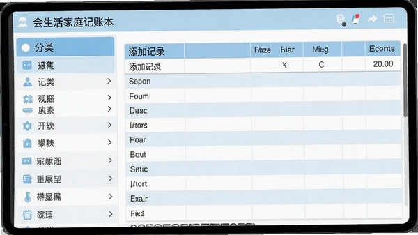 会生活家庭记账本软件的分类管理界面,左侧为分类列表,右侧为添加记录的表格,整体采用浅蓝与白色搭配的扁平化设计风格