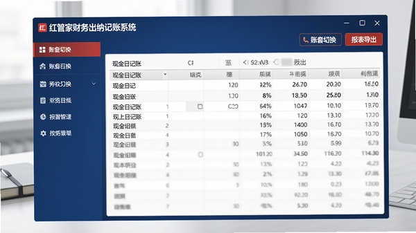 红管家财务出纳记账系统的主界面预览图,画面以深蓝色财务软件界面为主体,左侧为功能导航栏,右侧显示现金日记账表格数据,顶部有账套切换和报表导出按钮,整体风格商务简洁,背景为浅灰色办公桌面,光线明亮柔和