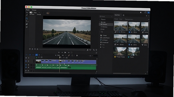 PowerVideoMaker主界面预览图,展示软件在电脑桌面上的运行状态,包含视频轨道、预览窗口和素材库面板,背景为深色工作环境,整体风格现代、专业,画面清晰,细节丰富