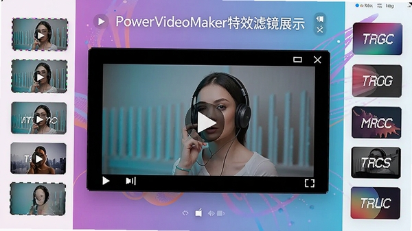 PowerVideoMaker特效滤镜展示图,画面中央是一个视频预览窗口,左右两侧排列着各种滤镜缩略图与转场效果图标,色彩丰富,界面设计时尚,充分展现软件的个性化定制能力