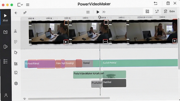 PowerVideoMaker智能剪辑功能演示图,画面展示软件自动识别并标记视频片段的过程,时间轴上显示不同颜色的高亮区域,代表识别出的关键帧与静默部分,界面清晰直观,周围有辅助操作的图标,整体风格简洁明了