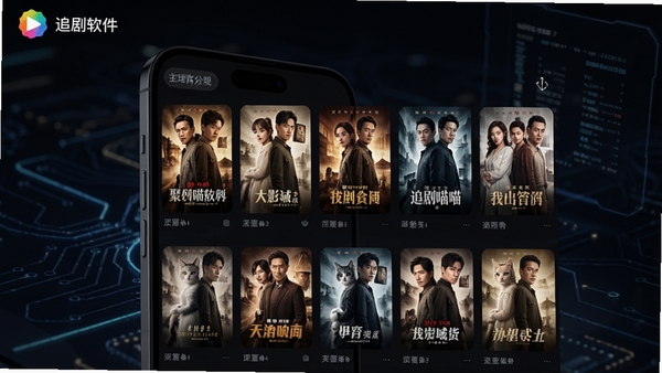 追剧喵软件主界面预览图,展示聚合影视资源列表,背景为深色科技感氛围,前景是手机界面,界面中有多个电视剧海报缩略图,整体风格现代简洁,高清渲染