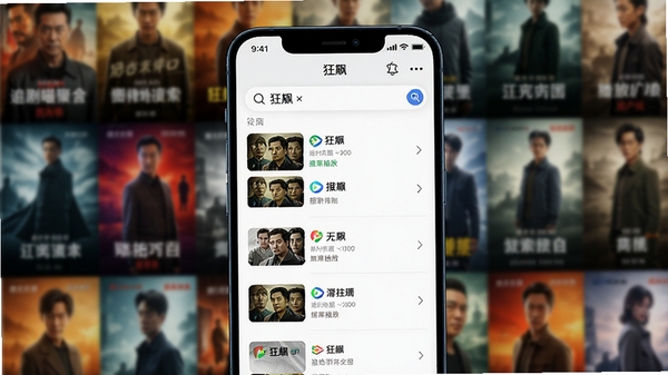 追剧喵聚合搜索功能演示图,画面中一个手机屏幕显示搜索“狂飙”的结果,多条不同来源的播放线路并列展示,背景为模糊的影视剧海报墙,色彩丰富,突出搜索效率