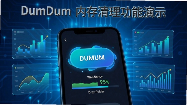 DumDum 内存清理功能演示图,手机界面显示加速按钮和内存占用百分比,背景为科技感蓝色调,配有数据图表元素