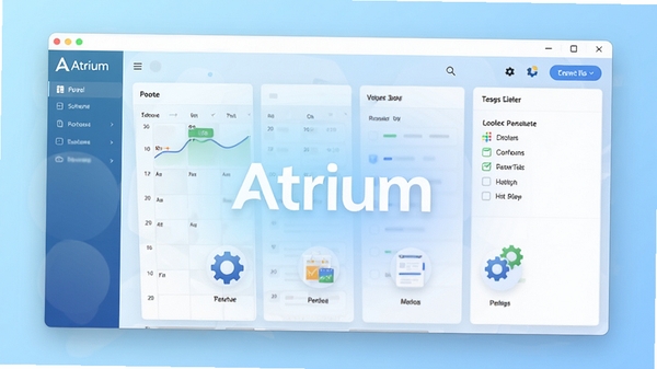 Atrium软件主界面预览图,展示其日程管理与任务清单的整合视图,画面以淡蓝色渐变背景为主,界面元素清晰简洁,突出其高效、现代的设计风格,中央显示Atrium的logo与核心功能图标,整体氛围明亮、清爽,适合作为软件介绍的首图