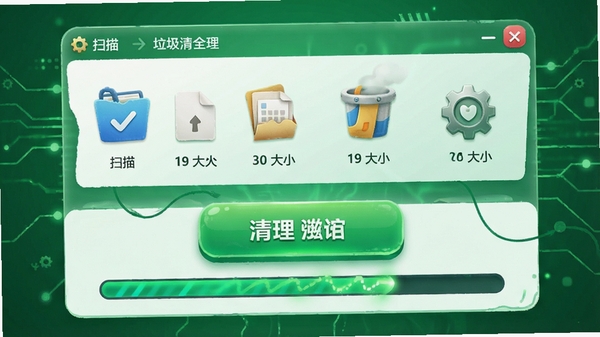 Fluffy软件垃圾清理过程示意图,显示扫描到的垃圾文件类型与大小,清理按钮醒目,进度条动态显示,背景为绿色科技风格,图标生动,体现高效安全