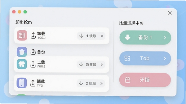 Fluffy软件应用管理界面,显示应用列表与批量操作按钮,包括卸载、备份、冻结选项,界面采用卡片式设计,色彩柔和,操作按钮明显,背景为浅蓝色渐变