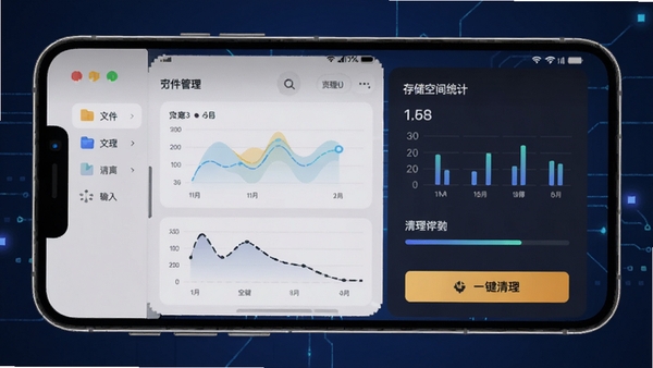 Fluffy软件主界面预览图,展示文件分类管理、存储空间统计、一键清理按钮,手机屏幕内显示清晰的图表和进度条,背景为深蓝色渐变,科技感十足,界面整洁现代,适配Boogu模型生成