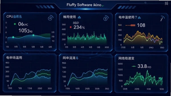 Fluffy软件设备监测仪表盘,显示CPU占用率、内存使用率、电池温度与网络速度图表,风格科技感,背景深蓝,数据实时更新,界面炫酷