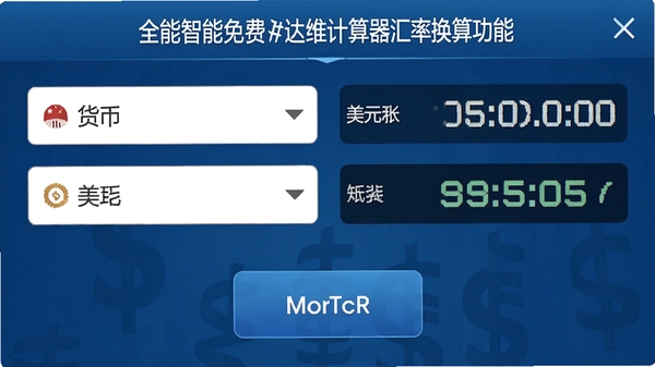 全能智能免费达维计算器汇率换算功能界面,展示人民币兑换美元的汇率结果,界面包含货币选择下拉框与实时汇率显示,背景为蓝色商务风格,数字清晰,互动性强。