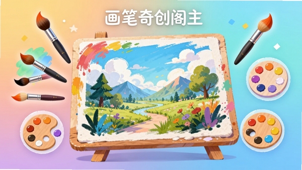 画笔奇创阁主界面展示,画面中央是色彩斑斓的绘画画布,画布上有一幅未完成的风景插画,周围悬浮着各种画笔和调色板工具图标,背景采用柔和的渐变色,整体风格明亮活泼,突出创意绘画的氛围,图片中包含画笔奇创阁软件名称。
