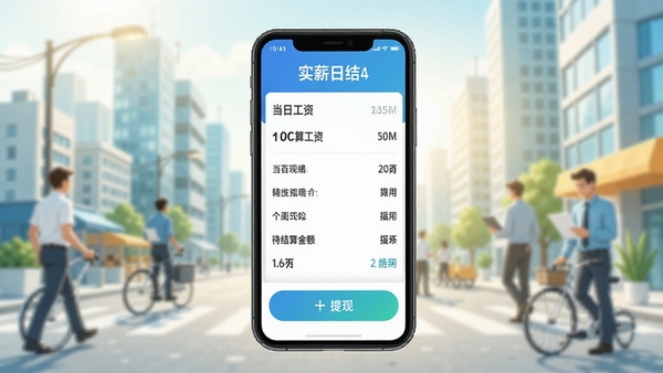 实薪日结App主界面预览图,手机屏幕展示当日工资明细、待结算金额、提现按钮,背景为城市工作场景,明亮色调,清晰展示软件名称与核心功能