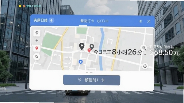 实薪日结智能工时记录界面,展示地图定位、打卡按钮、今日已工作8小时26分,工资预估268.50元,背景为写字楼与街道,清晰显示软件水印