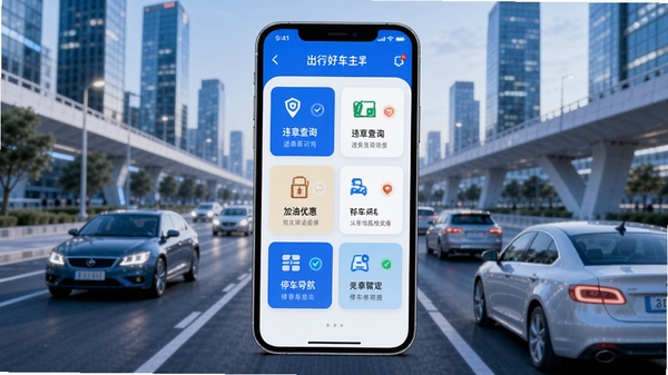 出行好车主助手主界面预览图,展示智能服务卡片布局,背景为现代城市道路与车辆,画面中央为手机屏幕模型,界面清晰显示违章查询、加油优惠、停车导航等功能模块,色调以蓝白为主,风格简洁明亮,突出便捷与科技感