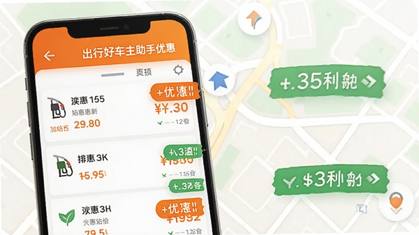 出行好车主助手加油优惠页面示意图,显示附近加油站列表及油价对比,背景为手机地图导航界面,标注优惠油价标签,色调以橙色和绿色为主,强调实惠与便捷,风格直观活泼