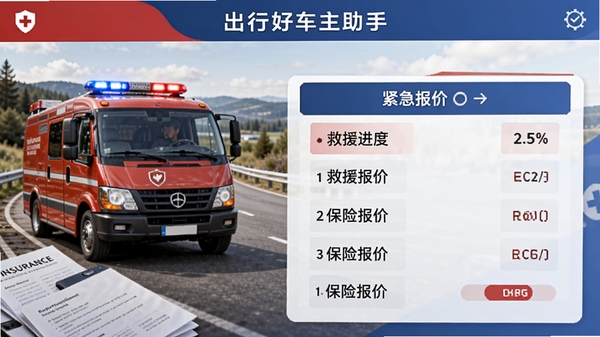 出行好车主助手紧急救援界面,显示救援进度与保险报价列表,背景为道路救援车辆与保险文档元素,色调以红色和蓝色为主,突出安全与可靠,风格稳重专业
