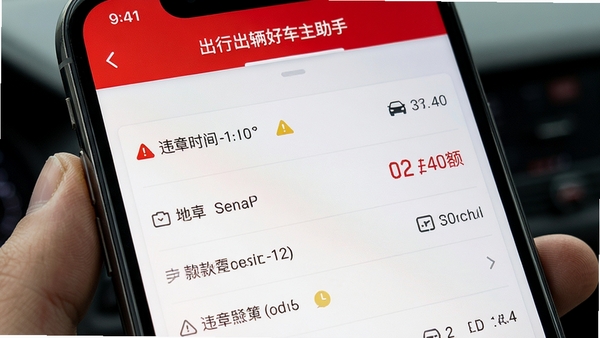 出行好车主助手违章查询功能界面截图,显示车辆违章列表详情,背景为手机屏幕特写,界面包含违章时间、地点、罚款金额等清晰字段,色调以白色和红色为主,突出提醒与警示效果,风格写实清晰