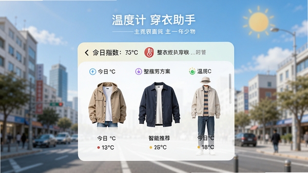 温度计(穿衣助手)软件主界面预览图,画面中央显示今日气温与智能推荐的整套穿搭方案,背景为模糊的城市街景与晴朗天空,界面风格清新简约,色彩明快,突出穿衣指数与温度计核心功能