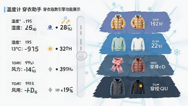 温度计(穿衣助手)穿衣指数引擎功能展示图,左侧列出温度、湿度、风力等数据指标,右侧生成对应的多层次穿搭建议,画面采用科技感信息图风格,色彩数据可视化呈现,包含羽绒服、毛衣、围巾等衣物图标