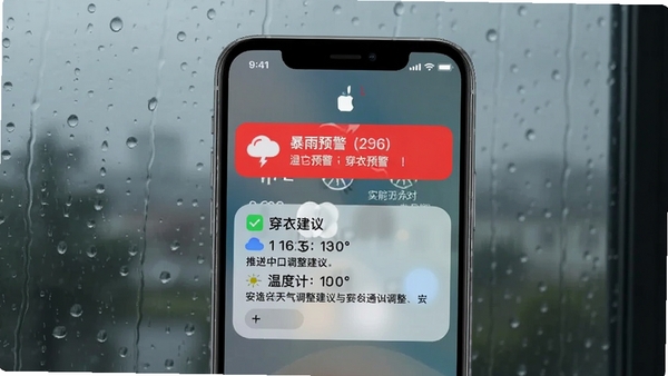 温度计(穿衣助手)天气预警通知手机锁屏界面示意图,屏幕上方显示红色暴雨预警横幅,下方推送穿衣调整建议,画面以手机实物图形式呈现,背景为阴雨天气窗景,突出实时预警与智能应对功能