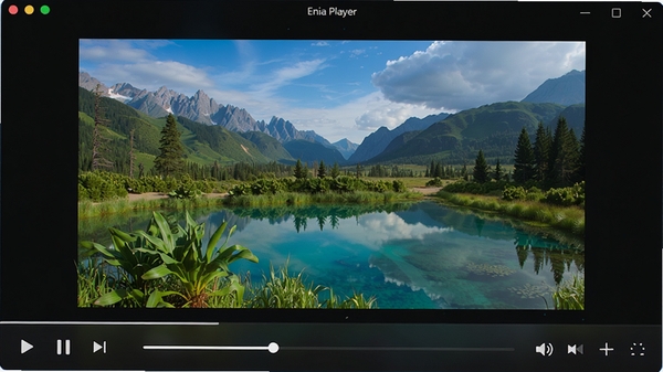 Enia Player软件主界面预览图,展示其简洁的视频播放器外观,深色背景突出视频画面,下方是半透明的控制栏,包含播放、暂停、进度条、音量调节等基础功能按钮,整体风格现代且干净,画面中央显示一部正在播放的自然风光纪录片,色彩鲜艳,细节清晰