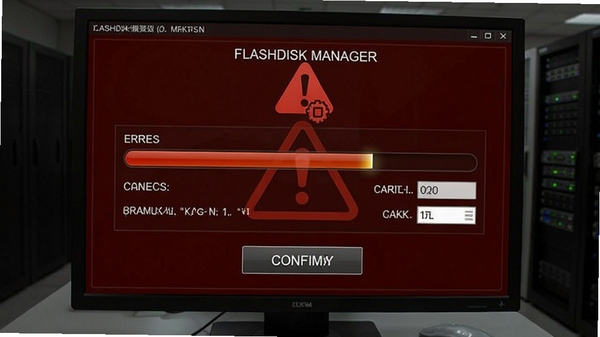 FlashDisk Manager数据擦除功能操作界面,显示擦除进度条与覆写次数设置选项,背景为暗红色警示色调,强调数据安全销毁场景,界面有确认按钮与警告图标,整体氛围严谨