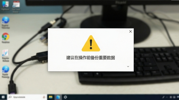 卓大师刷机专家使用过程中的安全提示弹窗,界面显示“建议在操作前备份重要数据”的黄色警告图标,背景为模糊的电脑桌面与连接的数据线,画面突出安全警示氛围,增强用户对操作风险的认知