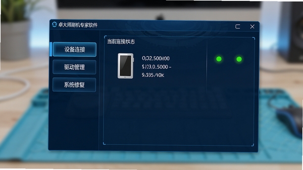 卓大师刷机专家软件主界面截图,采用深蓝色科技感窗口设计,左侧功能导航栏清晰可见“设备连接”、“驱动管理”、“系统修复”等按钮,中央区域显示当前连接的设备信息与状态指示灯,整体界面简洁专业,背景为柔光渐变的工作台环境,画面主体突出软件界面细节,风格写实清晰