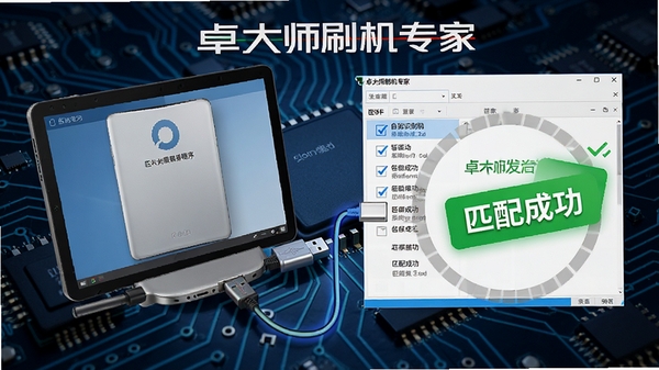 卓大师刷机专家正在自动识别设备并匹配驱动程序的过程图示,画面展示USB连接线连接电脑与设备,软件界面上驱动列表逐项勾选完成,带有“匹配成功”的绿色提示标签,背景为电路板纹理,突出科技感与精准性,构图清晰直观
