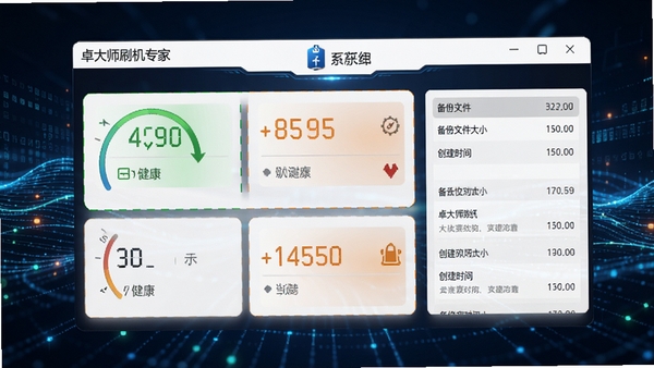 卓大师刷机专家展示系统环境检测结果与备份引导界面,界面以仪表盘形式展示各项检测指标,绿色表示健康,橙色表示警告,同时显示备份文件的大小与创建时间列表,背景为数据流动的抽象线条,体现安全与可靠