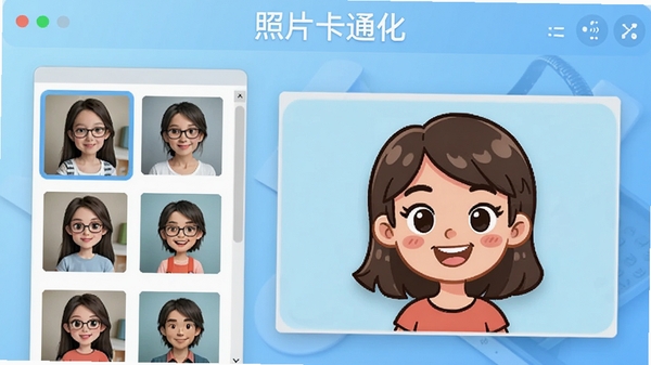 照片卡通化软件主界面预览图,左侧为原始照片列表,右侧为卡通化效果实时预览窗口,背景为淡蓝色渐变工作台,软件名称“照片卡通化”显示在顶部工具栏,整体风格简洁明亮,适合软件下载站封面展示