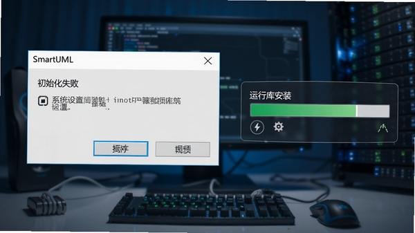 SmartUML软件错误提示窗口,显示“初始化失败”对话框,旁边有系统设置和运行库安装进度条,技术氛围,高清细节