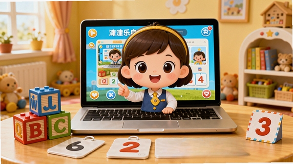 潼潼乐启蒙学习软件主界面预览图,卡通风格,色彩明亮,中央有一个可爱的卡通小老师形象,周围散布字母积木和数字卡片,背景为温馨的儿童房,桌上放着一台笔记本电脑,屏幕显示软件界面,整体氛围活泼友好,适合幼儿视觉,画质高清,细节丰富