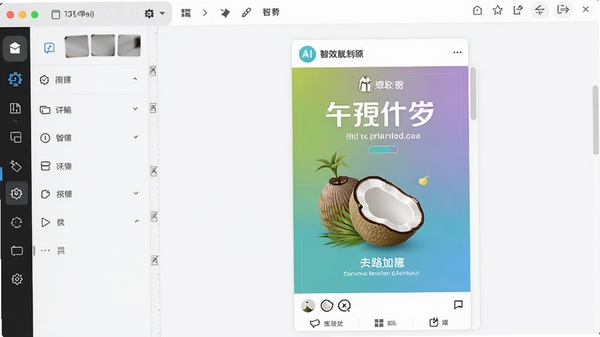 椰子设计软件主界面截图,展示其AI智能设计功能,左侧为功能菜单栏,右侧画布上展示着一张精美的社交媒体海报模板,背景采用渐变色设计,整体风格现代简洁,突出移动端设计工具的便捷与高效