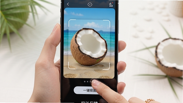 椰子设计在手机上的实际操作场景图,用户手指正在点击屏幕上的“一键抠图”按钮,画面中展示出被抠出的主体已经精准地覆盖在新的背景图上,界面清晰,色彩饱满,体现软件的易用性与实用性