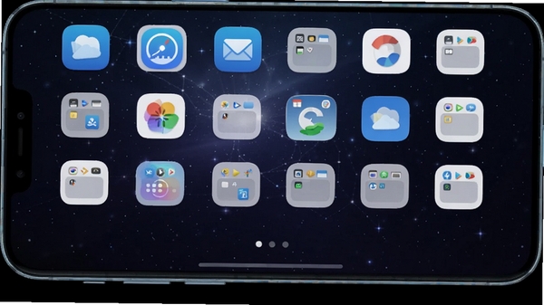 Clauncher全览预览图,画面主体为一台运行着Clauncher桌面的智能手机,屏幕中央是排列整齐的圆角矩形应用图标,背景为深色渐变星空壁纸,整体风格极简,凸显桌面图标与文件夹的干净利落,画面比例16:9,高清渲染