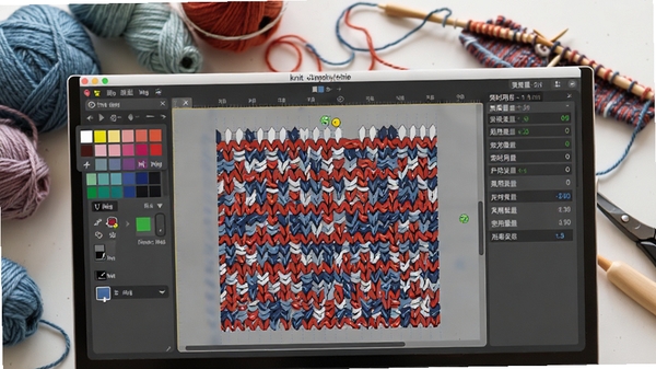 Knit软件网格编辑器界面特写,屏幕上显示红蓝相间的编织图案网格,左侧有颜色选择面板,右侧显示实时用线量统计,背景是散落的毛线和编织工具,画面清晰明亮,细节丰富,突出设计的专业性和趣味性。