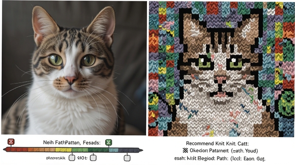 一张Knit软件将猫咪照片转换为编织图案的对比示意图,左侧是真实猫咪图片,右侧是彩色格子组成的猫咪像素图案,下方有针法难度评级条和推荐针法列表,背景简洁,突出软件智能转换功能的强大。