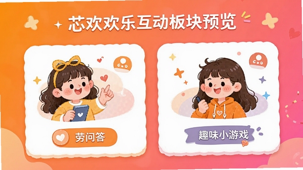 芯欢欢乐互动板块预览,展示问答与趣味小游戏入口,背景为活泼的橙色与粉色渐变,卡片式布局,人物插画风格轻松可爱,强调娱乐互动带来的愉悦感