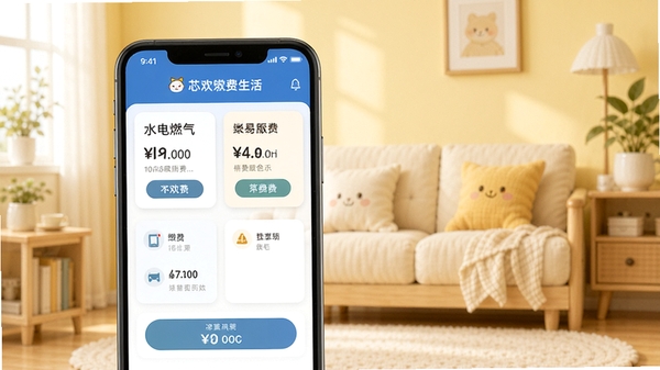 芯欢欢生活缴费功能界面,展示水电燃气等缴费卡片,背景为温馨的浅黄色家居场景,手机界面清晰显示各项缴费金额与按钮,体现便捷高效的服务聚合特性