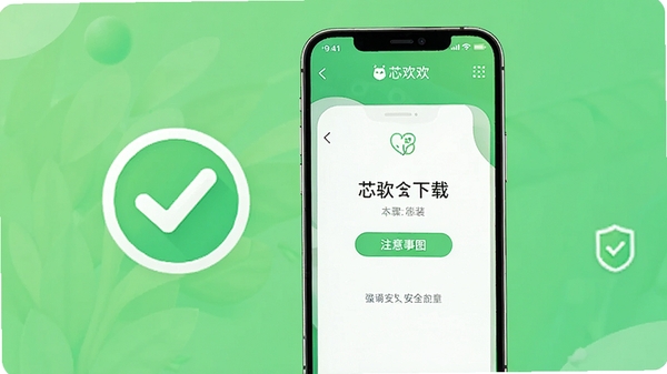 芯欢欢安装步骤示意图,手机屏幕显示安装界面,旁边有对号图标,背景为清爽的绿色,整体风格清新简洁,强调安全下载和安装的注意事项