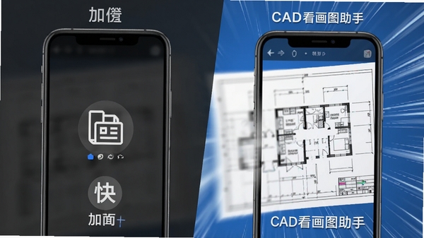 CAD看图画图助手极速加载图纸的对比场景,左侧为普通手机缓慢加载的图标,右侧为CAD看图画图助手快速打开大型图纸的视觉效果,图纸线条由模糊变清晰,背景为动态速度线,突出“快”的概念,画面主体为手机屏幕特写,风格写实,适配Boogu模型生成。