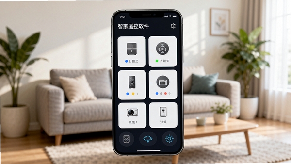 智家遥控软件主界面预览图,画面中央是一部智能手机,屏幕显示多个家电控制面板图标,背景是温馨明亮的现代客厅,沙发和绿植虚化,整体风格简洁科技感