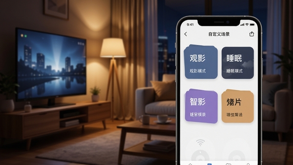 智家遥控场景联动示意图,展示手机APP中自定义场景编辑界面,包含观影模式、睡眠模式等卡片,背景是夜晚客厅一角,灯光柔和,营造舒适氛围