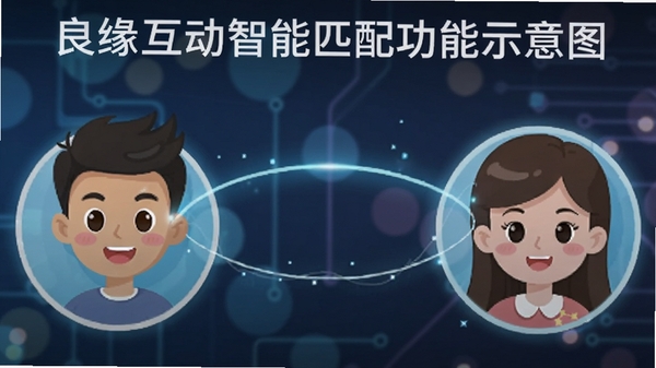 良缘互动智能匹配功能示意图,画面中央两个卡通人物头像通过发光的线条连接,背景是抽象的科技感光斑,体现智能推荐算法